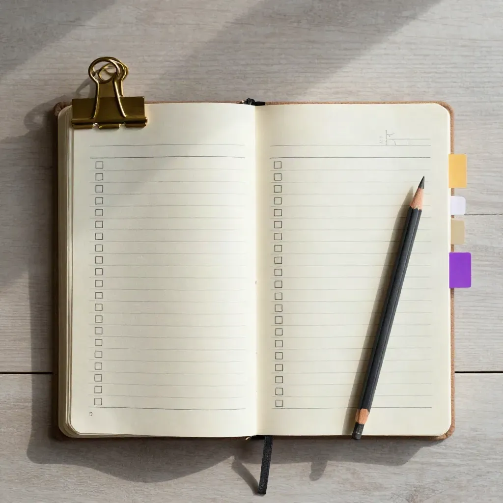 Open checklist notebook with pencil, brass clip and tabbed slips on a pale ash surface.