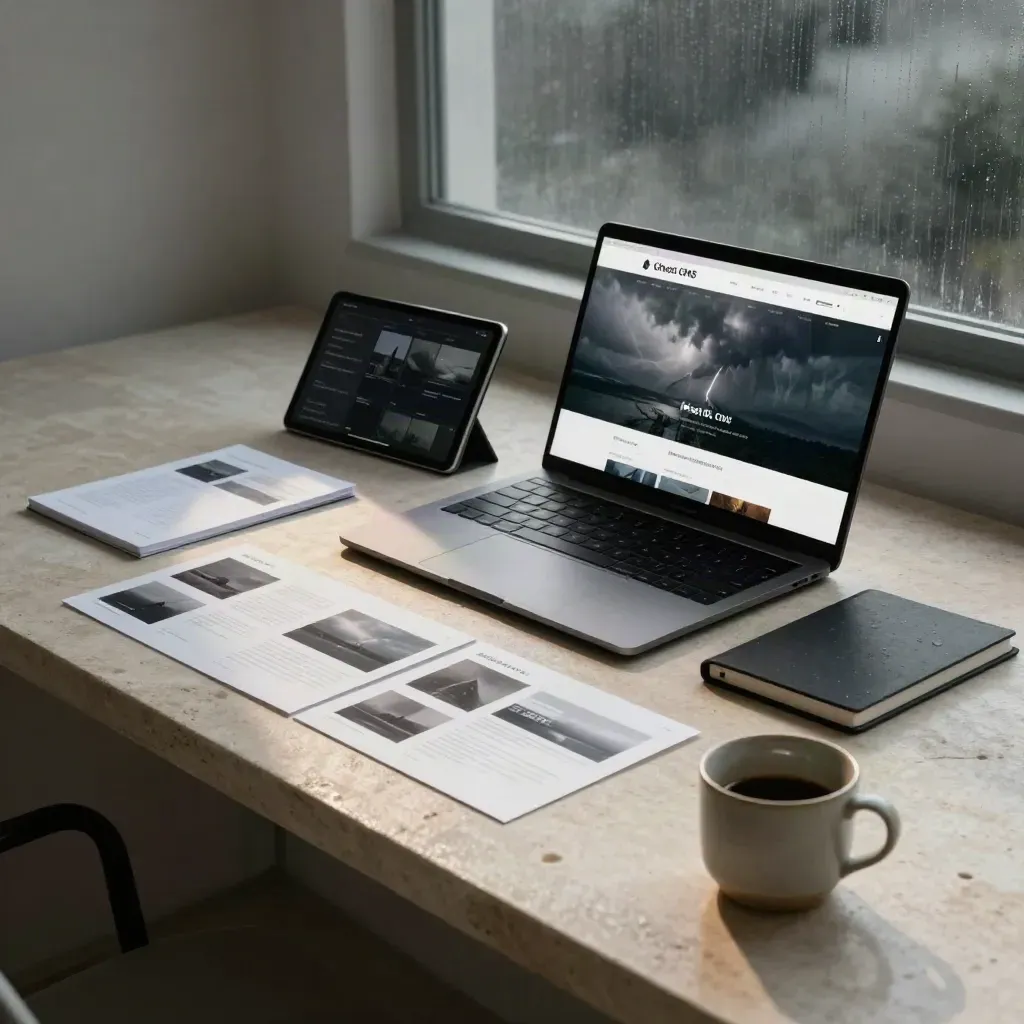 Storm-lit Ghost CMS workspace with laptop, tablet, site mockups, notebook, and cup on stone desk