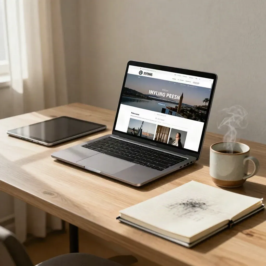 Sunlit writer’s workspace with laptop, tablet, notebook, and mug on a pale oak table