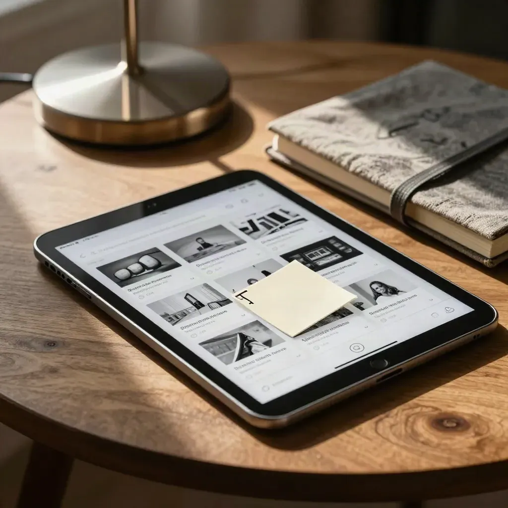 Tablet search results beside a cloth notebook on a warm oak side table in soft afternoon light.