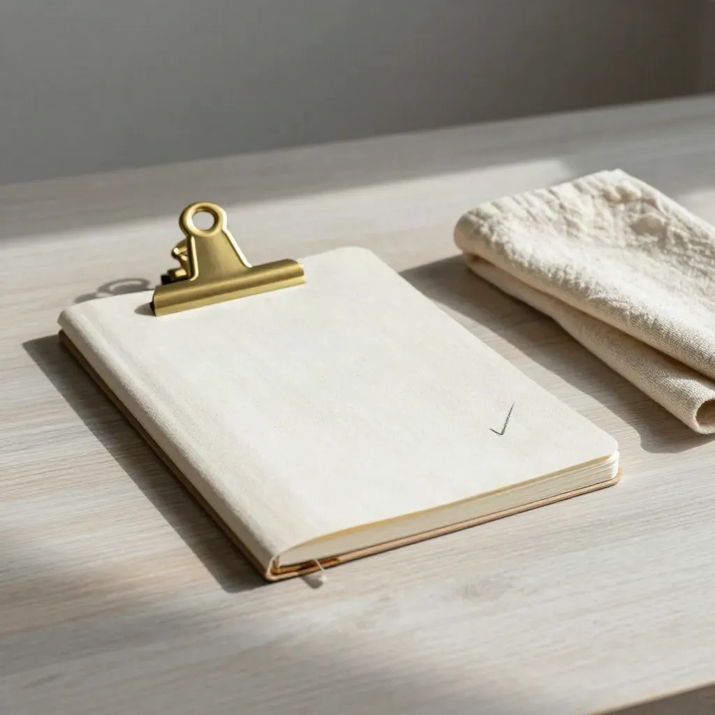 Top-down notebook, brass clip, folded cloth on pale wood under soft daylight.